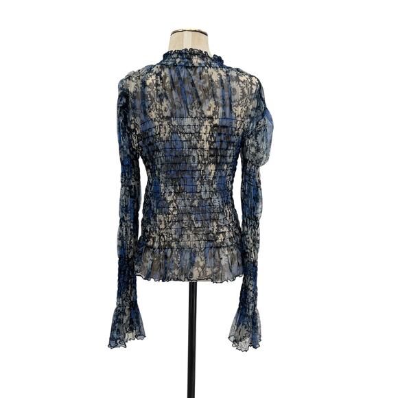 Free People Hello There Top Blouse Smocked Flare Sleeve Mesh Floral Blue Large - Picture 8 of 11